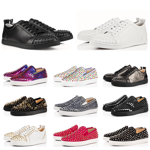 

ace designer fashion luxury red bottom studded spikes flats shoes for men women glitter party lovers genuine leather casual sneake156458255#, Black