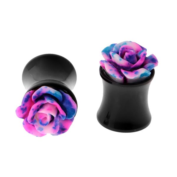 

1 pair acrylic ear plug tunnel gauges rose flower ear stretcher kit, Slivery;golden