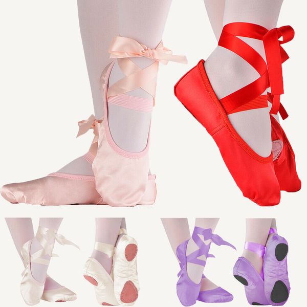 

дети девочка балета обувь женская йога гимнастика toe pointe атласная лента танцы обувь, Black;red