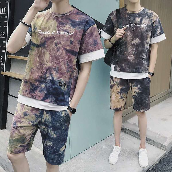 

man's designer t-shirt suits summer fashion print short sleeves blue green red t shirts and pants for man m-3xl, White;black