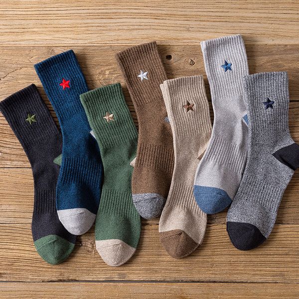 

solid colors stripe five pointed star embroidery socks autumn winter sporting casual men cotton sock japanese fashion harajuku, Black