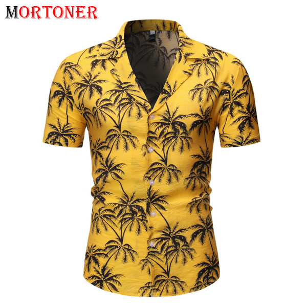 

yellow palm tree printed tropical beach shirts men 2020 summer short sleeve light weight hawaiian shirt for men camisa hawaiana, White;black