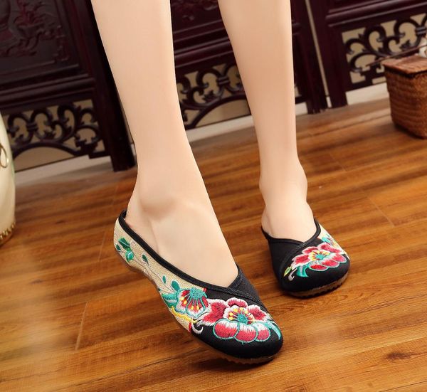 

summer new ethnic embroidered baotou sandals beef tendon soles home flowers sandals and slippers ladies beef tendons 0004, Black