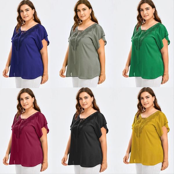 

v-образный вырез кружево женщин размера больших сшивание трубы с короткого рукавом футболка хорн кружево horn футболка топ женщин, White