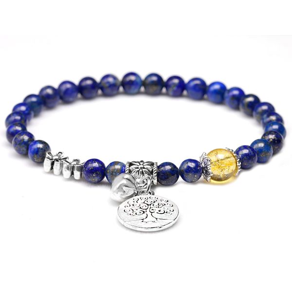 

natural 6mm lapis lazuli with 8mm citrine beaded bracelet women tree and lotus charm bracelets handmade yoga jewelry, Black