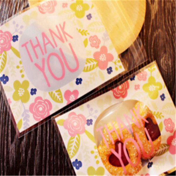 

100pcs flower pattern "thank you" cookie packaging bags samll gift bag self adhesive plastic bags wedding candy bag