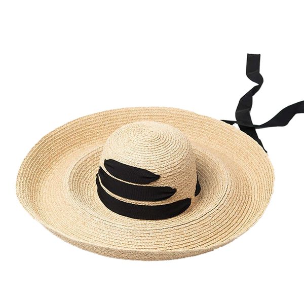 

wide brim hats black bandage ribbon ladies raffia hat roll up sun large summer beach straw, Blue;gray