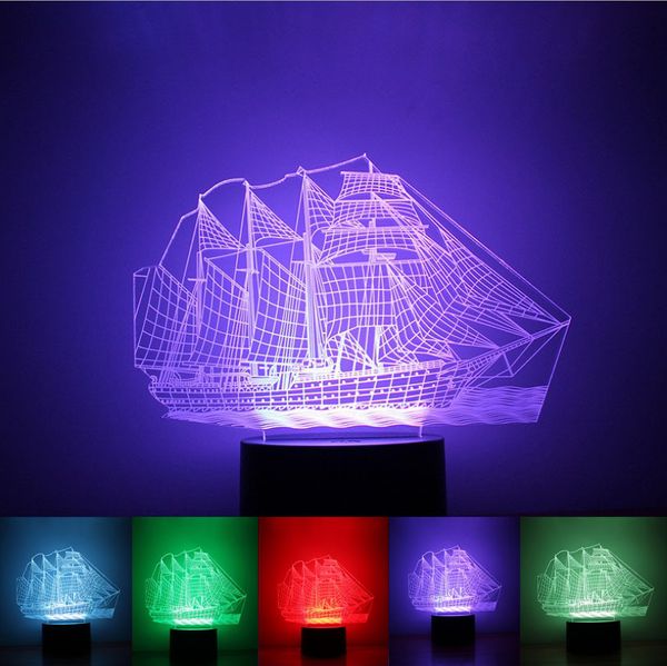 Lâmpada de ilusão de barco 3D quente 3D Luz LED 7 RGB LUZES DC 5V USB 5ª BATERIA DO ATRAVÉS DE BATERIA