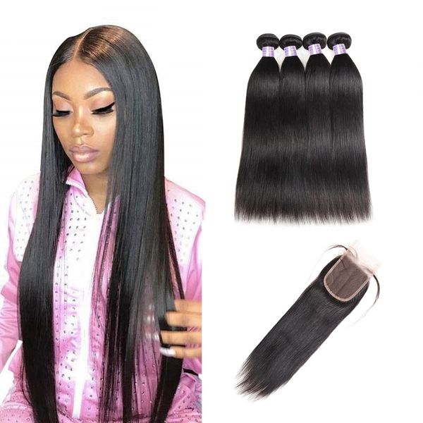 

yaki straight 4pcs with lace closure malaysian virgin hair wefts brazilian hair indian kinky curly hair extensions water wave, Black