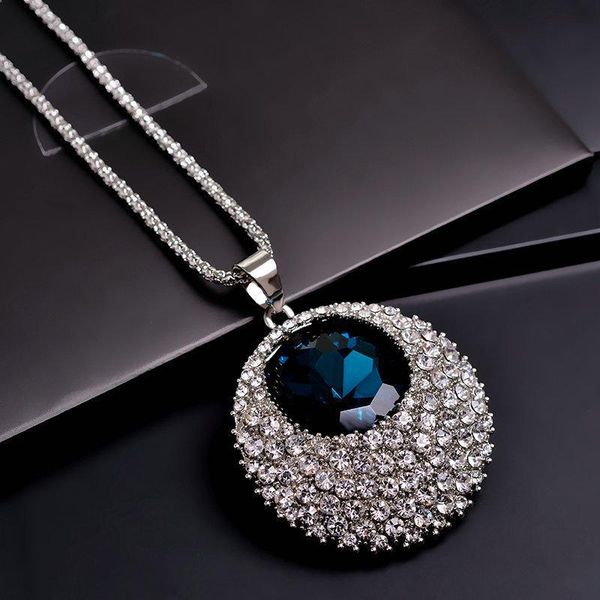 

rhinestone and crystal round shape pendant snake long chain necklace for sweater charming for woman, Silver