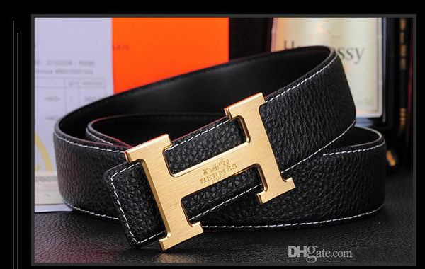 

Mens Business Belts Luxury Ceinture Copper smooth Buckle Genuine Leather Belts For Men Waist Belt gold silver buckle 105-120cm