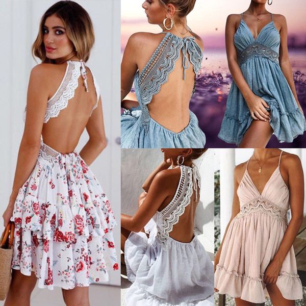 

women summer floral lace short mini dress evening party beach backless dress sundress elegant female vestidos, Black;gray