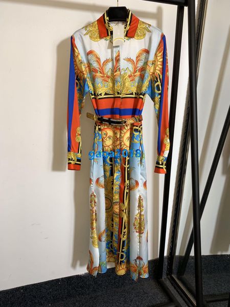 

high end women girl midi wrap shirt dress gold print belt однобортный лацкан шеи с длинным рукавом a-line юбки взлетно-посадочная полоса мод, Black