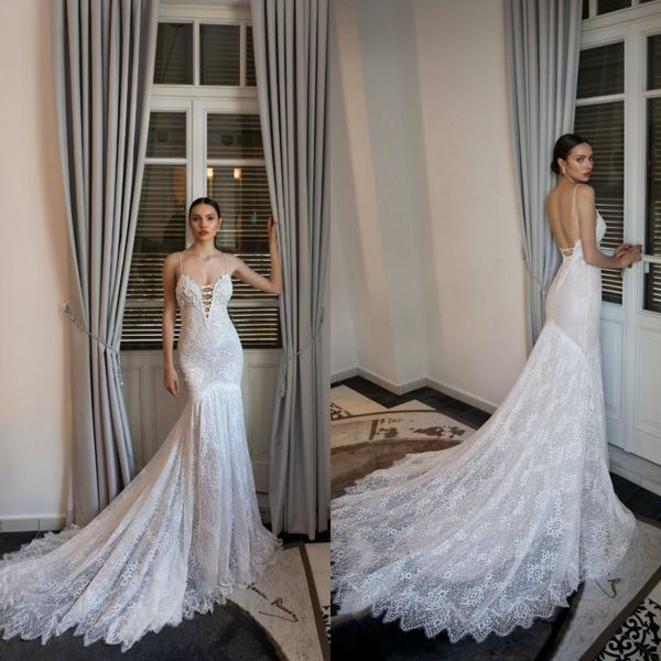 

2020 julie vino mermaid wedding dresses spaghetti beading court train lace bohemian wedding dress appliqued backless bridal gowns, White