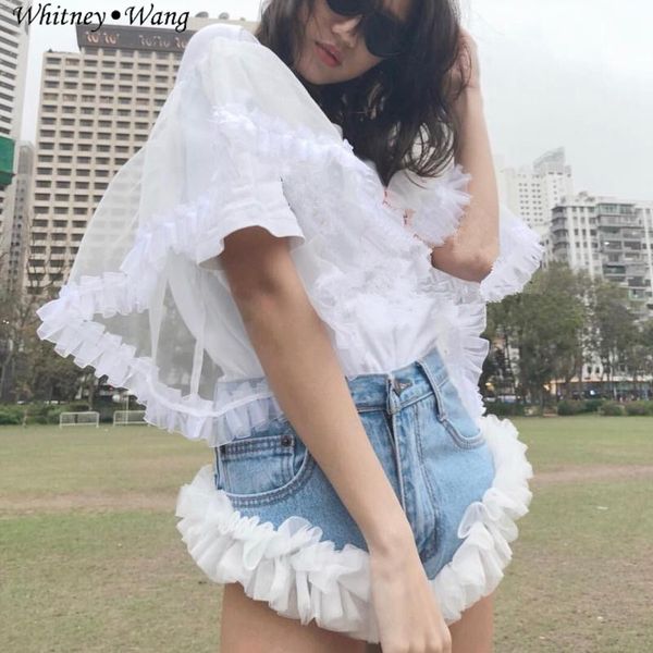 

whitney wang shorts 2020 spring summer fashion streetwear designer style mesh ruffled denim shorts women jeans plus size 5xl, Blue