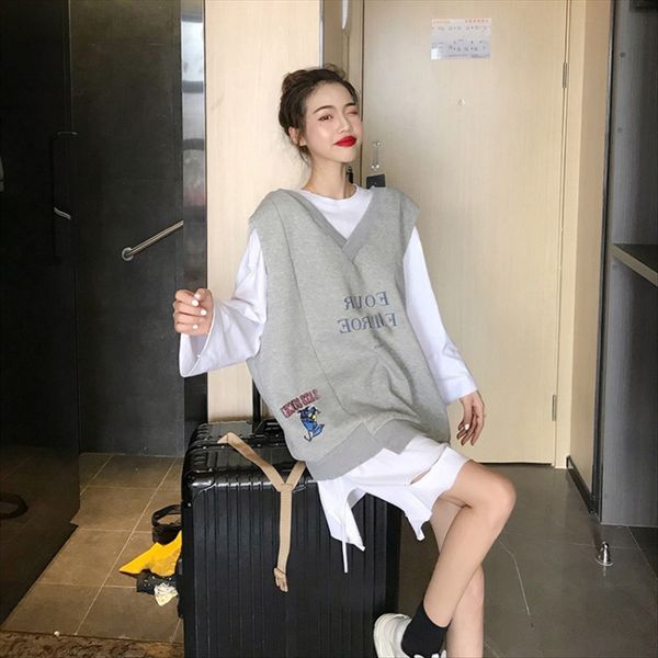 

сезон 2020 белый личности рыхлый с длинными рукавами миди нерегулярные универсальный большой размер размер куртка футболка футболка женская, White