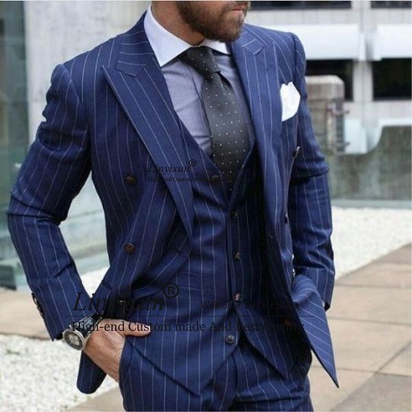 

2020 latest coat pant designs navy blue strip pattern men suit formal skinny blazer modern custom men tuxedo 3 piece terno, White;black