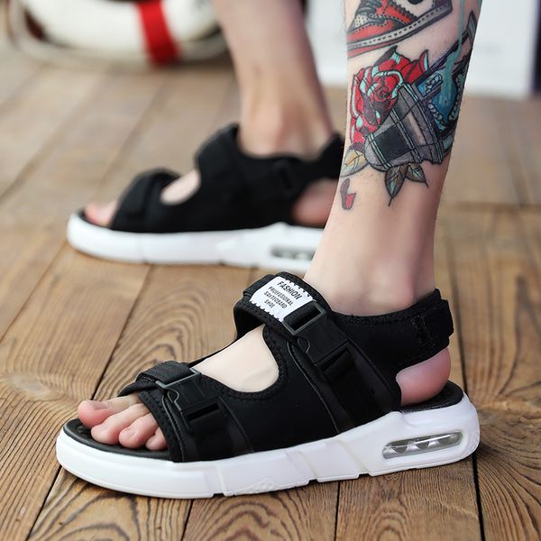 

students hook loop summer sandals men 2019 new word sandals open toe breathable deodorant slippers soft bottom beach shoes, Black