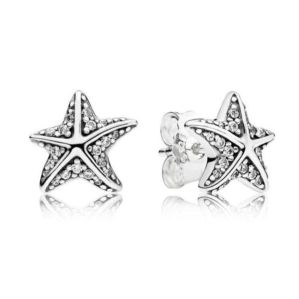 

authentic 925 sterling silver starfish earrings set original box for pandora fashion jewelry cz diamond stud earring for women, Golden;silver