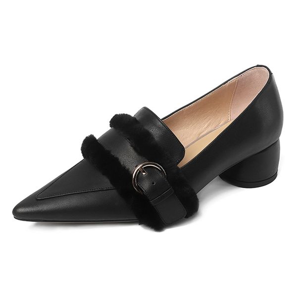 

ribetrini cow leather new slip on pointed toe summer pumps woman shoes chunky heels shoes woman pumps, Black