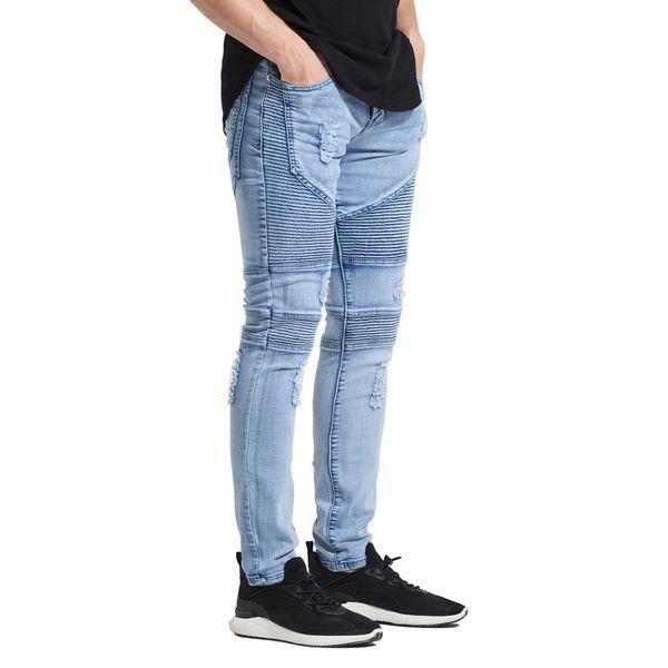 

new ripped biker jeans classic fashion designer stretch men's skinny pencil jeans, Blue