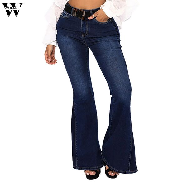 

womail flare pants denim jeans for women mom flare pants with button pockets mid waist cotton jeans casual female jean ag22 2019, Blue