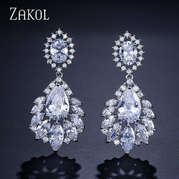 

zakol fashion chandelier cubic zirconia dangle drop earrings big crystal leaf bridal wedding jewelry for women fsep363, Silver