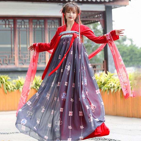 

hanfu women traditionalÂ chinese tang dynasty costume fairy princess dress folk dance performance clothing stage wear lady dn3603, Black;red