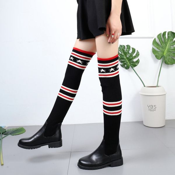 

Дизайнер зима эластичная тонкая по колено сапоги женщин моды круглый носок черны