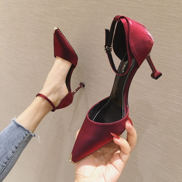 

new fashion women's high pumps pointed with metal shallow kitten high heels side empty fashion lady single shoes, Black
