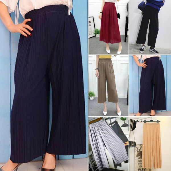 

new womens pleated chiffon flax wide leg pants elastic waist trousers casual solid color pants, Black;white