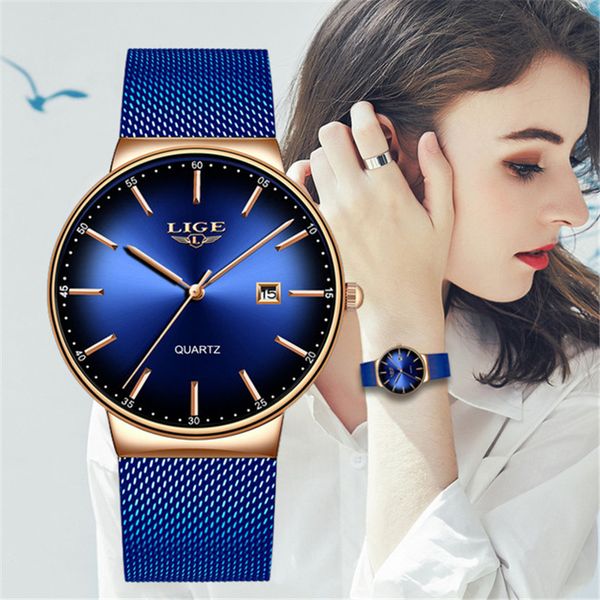 

lige women watches 2019 new fashion ladies dress mesh stainless steel watch waterproof quartz clock, Slivery;brown