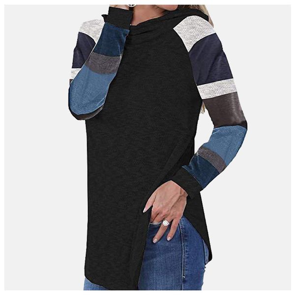 

plaid sweatshirt tunic long sleeve spliced hoodie poleron mujer 2019 color block hoodie women checkered side split, Black