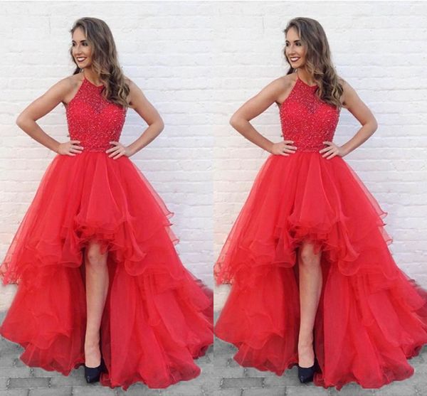 Vermelho Assimétrico Trem Novos Vestidos de Baile Halter Top Frisado Organza Ruffle Ocasião Especial Vestido Formal Elegante Vestidos de Noite 2019 Personalizado