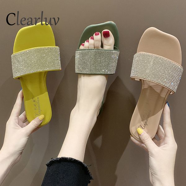 

brand new flat-bottomed slippers square head wild rhinestone non-slip casual slippers sequins women's romanesque soft sandals, Black