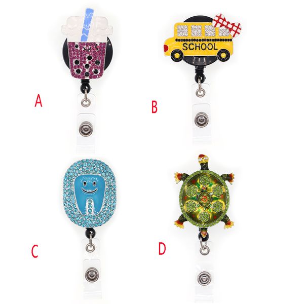 

1pc /5pcs /10pcs rhinestone turtle school bus coffee cup teeth shape badge reel retractable id badge holder for nurse doctor hospital, Gray