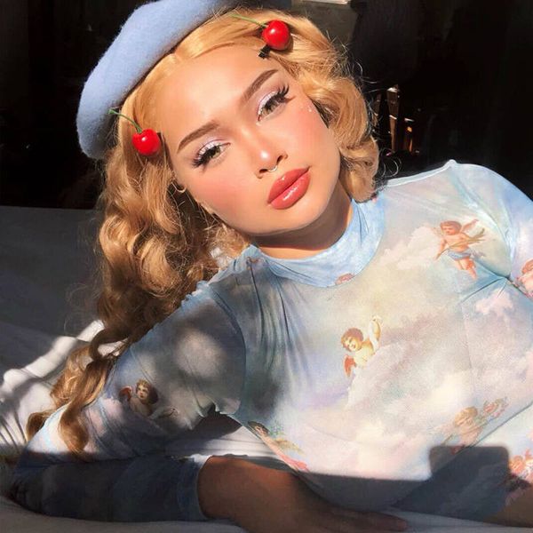 

long sleeve crop crew neck angel print womens designer t shirt casual womens crop ladies clothing, White