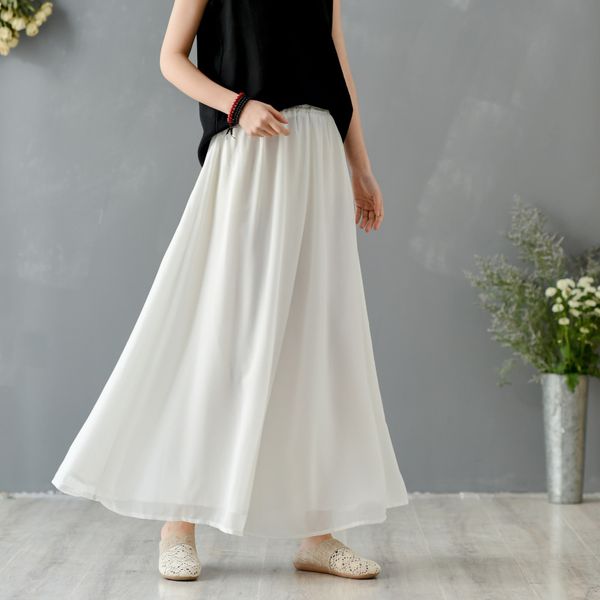 

johnature women chiffon wide leg pants elastic waist casual trouser 2020 summer new solid color pockets soft women loose pants, Black;white