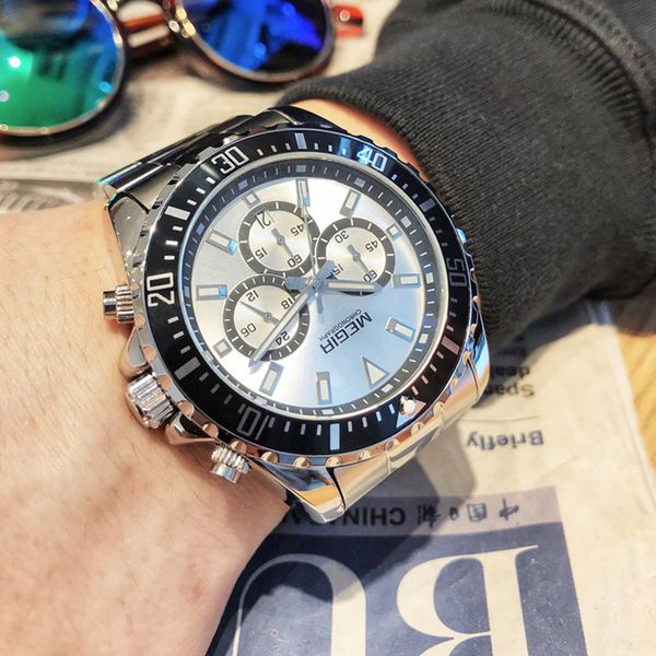 

megir business quartz men wristwatch full steel chronograph waterproof watch clock male relogio masculino, Slivery;brown
