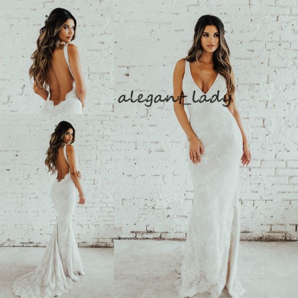 

bohemain mermaid wedding dresses 2019 vintage full lace backless v-neck sweep train trumpet country boho outdoor seaside wedding gown, White