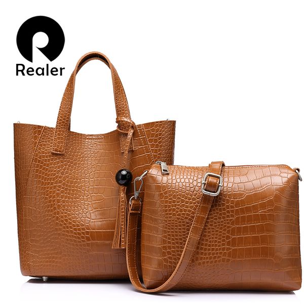 

realer brand 2pcs/set women bag large handbag with tassel artificial leather tote bag female small shoulder bag purse black y190619