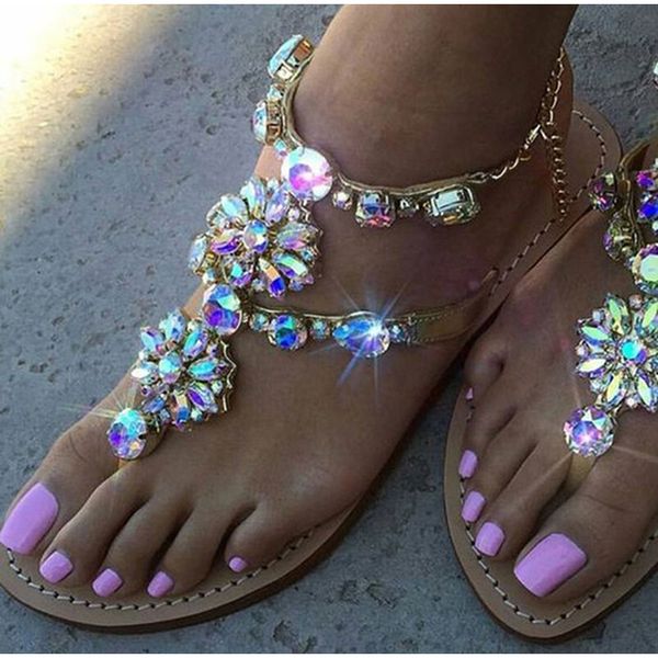 

sandals summer women thong rhinestones chains beach shoes gladiator ankle strap flats party fashion ladies plus size, Black