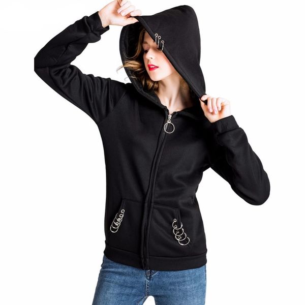 

women hoodies punk style iron ring sweatshirts spring autumn winter long sleeve zip -up black jacket zipper ladies coat fit