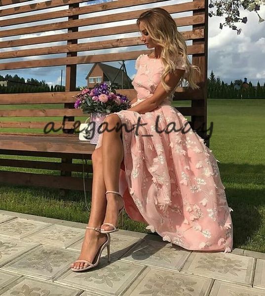 

blush pink tea-length prom party dresses with sleeve 2019 modern jewel neck 3d floral lace arabic occasion evening wear gowns, Black