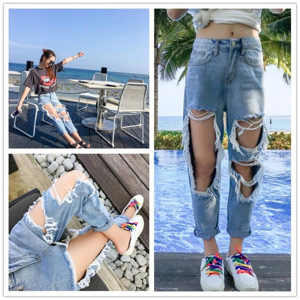 

2019 spring and summer korean loose distressed ripped jeans women streetwear ankle length denim harem pants, Blue