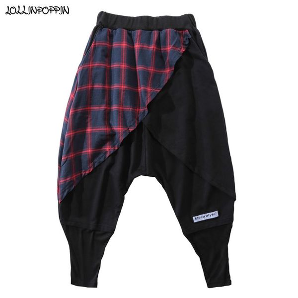 

streetwear hip hop мужчины шотландский плед пэчворк шаровары британский стиль mens casual jogger брюки punk мужчины pantskirt, Black
