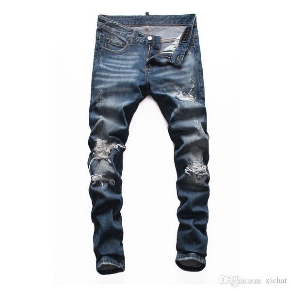 

mens ripped distressed grey jeans fashion designer slim fit washed motocycle denim pants panelled hip hop biker trousers nj8108, Blue