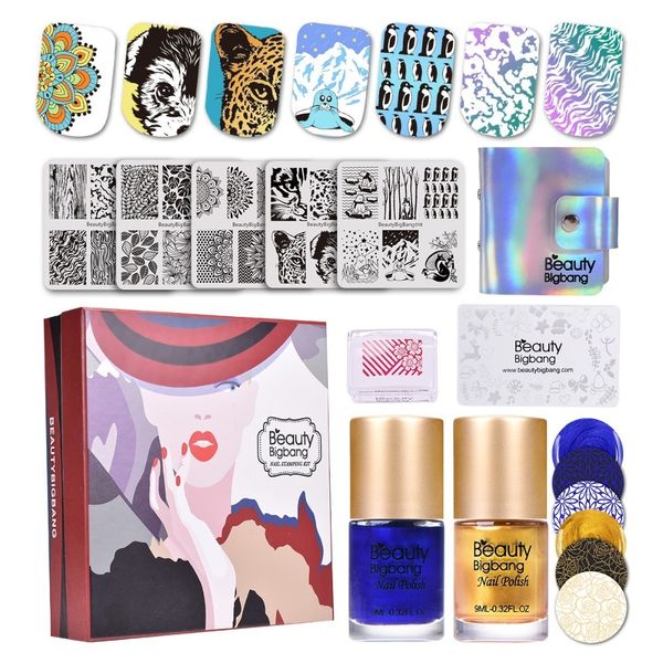 

beautybigbang 10pcs/set nail stamping starter square nail stamping plates case clear jelly stamper with 2pcs polishes, White