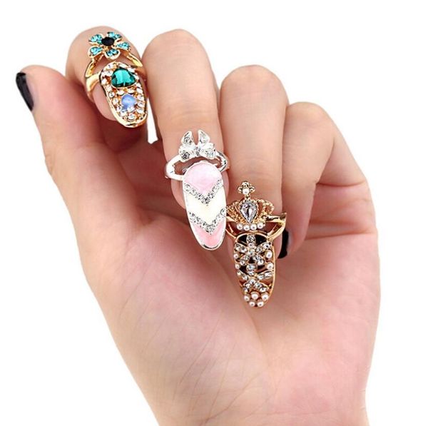 Bowknot Nagel Ring Charme Krone Blume Kristall Finger Nagel Ringe Für Frauen Dame Strass Fingernagel Schützende Mode Schmuck 12 stil