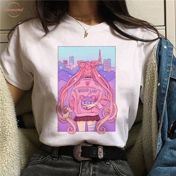 

harajuku sailor moon tshirt cartoon cat printed womens t shirt hip hop women shirts summer streetwear female clothes, White